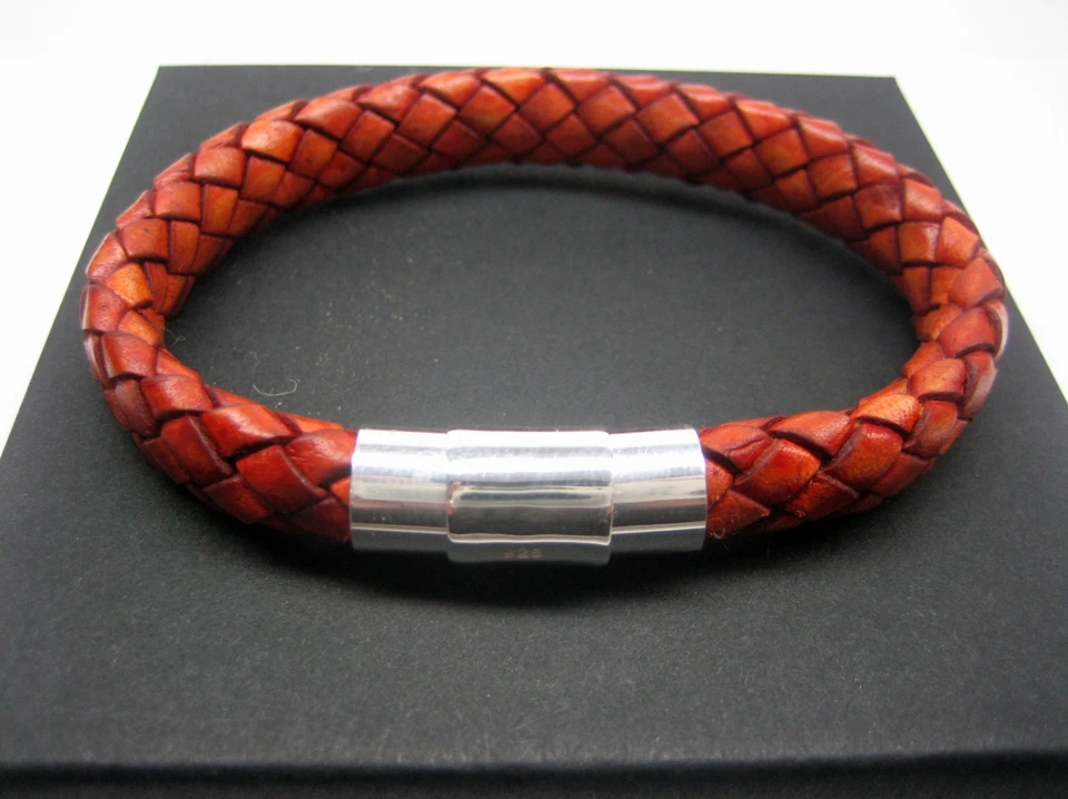 Tubo de plata de ley 925 decoración con pulsera de cuero italiano trenzado de 8 mm hombre/mujer  Foto 1 de 4