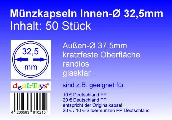DEAL-TOYS® 50 Münzkapseln 32,5mm randlos geeignet für 10 € PP / 20 € PP Deutschland