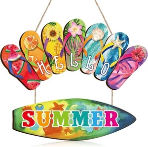 Hello Summer Door Sign Rustic Wood Summer Door Wall Decor Slippers Flower Summer - Picture 1 of 4