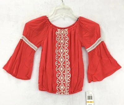 Sequin Hearts / Coral Lined Embroidered Crinkle Casablanca Peasant Top / Size S - Image 1 of 4