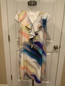 Amanda Uprichard Multicolor Striped V-Neck Silk Shift Dress W/ Ruffle, Size M - Picture 1 of 6