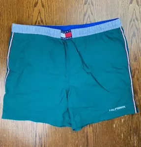 VTG 90s Tommy Hilfiger Trunks Swimsuit Swim Trunks Sz L w/ Inside Netting Green - Picture 1 of 9