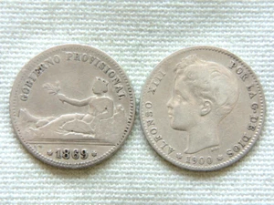 SPAIN COIN - SPANISH 1 PESETA SILVER (0.835) COINS 1869 + 1900 (2) - Imagen 1 de 2