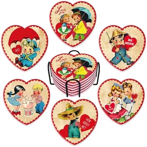 6Pcs Valentine's Day Ceramic Coasters with Metal Holder Vintage Drink Coaster... - Picture 1 of 7