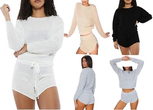 Womens Round Neck Crochet Knitted Jumper & Shorts Co-ord Set Knitwear Tracksuit - Picture 1 of 5