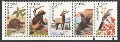 5 Vintage Unused US Postage 22 Cent Stamps AMERICAN ELK Sea Lion BOX TURTLE Wolv - Image 1 of 2