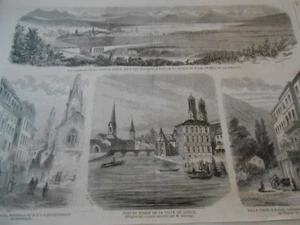Gravure 1858 - Vue général de la Ville de Zurich - Foto 1 di 1