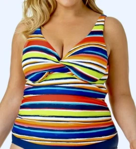 CATALINA Twist Front Striped Red Blue Orange Tankini Swim Top Womens 1X - Picture 1 of 5