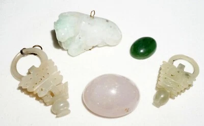 5Pc Vintage Chinese Jadeite & Nephrite Jade Mixed Lot Ornaments Cabochons (***) - Image 1 of 4