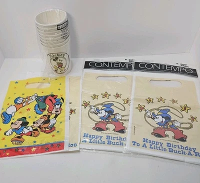 Vintage Disney Mickey Mouse Birthday Party Loot Bags & Cups Cowboy Buckaroo  - Image 1 of 4