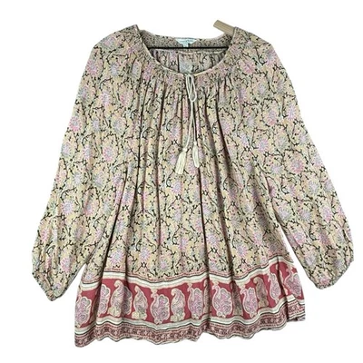 Lucky Brand Top Womens 3X Beige Pink Floral Smocked Tassels Boho Peasant - Image 1 of 4