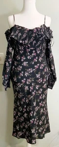 La Maison Talulah Silk Floral Midi Dress Black Ruffle Cocktail Wedding Guest L - Picture 1 of 12
