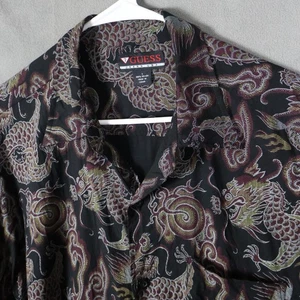 Vintage Guess Jeans Shirt Mens Large Black Dragon All Over Print Rayon Y2K Party - Picture 1 of 16