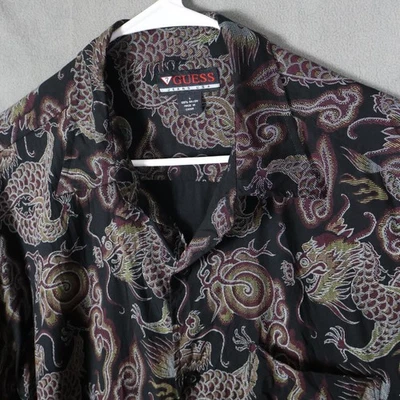 Vintage Guess Jeans Shirt Mens Large Black Dragon All Over Print Rayon Y2K Party - Image 1 of 4