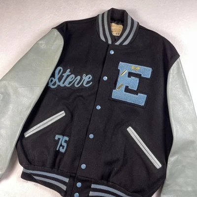 Vtg 70s Varsity Letterman Jacket Mens 44 Black Blue Wool Leather Sleeves USA L - Image 1 of 4