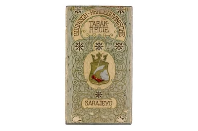 Scarce 1910s Bosnia “Sarajevo” paper label  hinged 100 cigarette tin,  good cond - Image 1 of 4