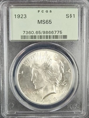 1923-P Peace Dollar PCGS GEM MS65 BLAZING WHITE Old Green Holder PQ! - Image 1 of 2