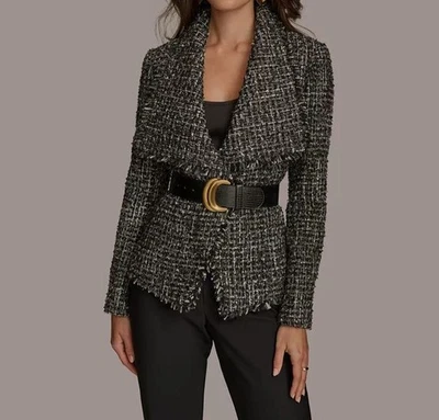 Donna Karan Women's Black Tweed Long-Sleeve Belted Blazer Jacket Size 4 - Image 1 of 2