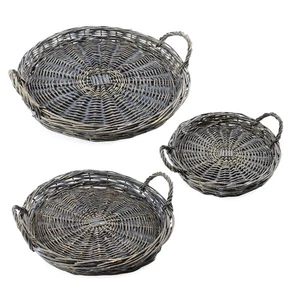 Gray Washed Willow Round Basket Trays 3pc Set, Natural Wicker Woven Serving Tray - Picture 1 of 6
