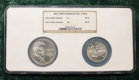 1993 NGC MS69 James Madison Silver $1 & MS70 50C in 2-Coin Slab, 2 Silver Coins Cover