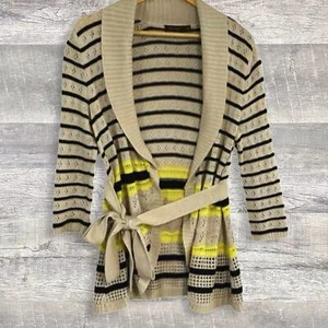 The Limited Open Belted Knit Cardigan Womens M Tan Black Striped 3/4 Sleeve - Picture 1 of 5