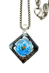 Blue Flower Lampwork Glass Pendant Necklace Silver Tone Chico's Chain 37" Floral - Picture 1 of 24