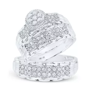 14kt White Gold His Hers Round Diamond Cluster Matching Wedding Set 1 Cttw - Picture 1 of 1