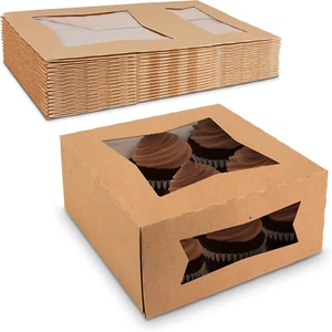 Brown Cupcake Boxes 9" X 9" X 4" - Auto Pop-Up Bakery Boxes with Windows (Pack o - Picture 1 of 8