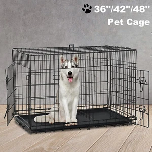 36"/42"/48" Pet Kennel Cat Dog Folding Crate Wire Metal Cage W/Divider & Tray - Picture 1 of 11
