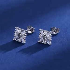 Pave Cubic Zirconia Silver Flower Snowflake Square Stud Earrings - Picture 1 of 3