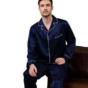Mens Silk Satin Pajamas - PJ Set - Navy White Piping '' 5 Day Delivery '' - Picture 1 of 4