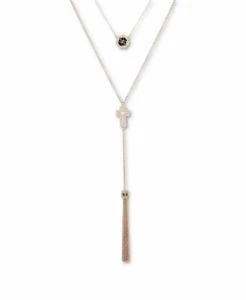 GUESS Gold-Tone Jet Logo, Crystal Cross & Chain Tassel Layered Lariat Necklace - Picture 1 of 1