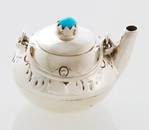 Native American Navajo Handmade Sterling Silver with Turquoise Miniature Teapot - Picture 1 of 2