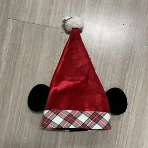 New Disney Parks Red Plaid Trim Mickey Mouse Ear Santa Hat Adult Size - Picture 1 of 1