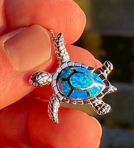 BLUE OPAL S925 Sterling Silver Sea Turtle Pendant with Box Chain - Picture 1 of 6