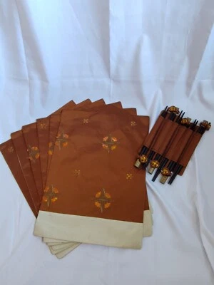 NEW Set of 6 Asian Silk FLORAL EMBROIDERED TABLE PLACEMATS & CHOPSTICKS  - Image 1 of 3