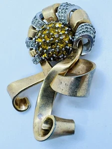 PENNINO SPILLA Retro 1940's Large Vermeil Orange Crystal Pavè Ribbon Bow Brooch - Picture 1 of 8