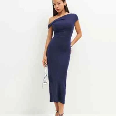 REFORMATION Danube Navy Jamen One-Shoulder Asymmetric Bodycon Midi Dress S = 2/4 - Image 1 of 4