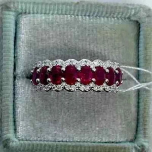 Lab Created Red Ruby 2Ct Oval Cut Eternity Wedding Band 14K White Gold Plated - Picture 1 of 7