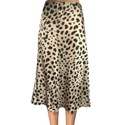 Falda sin Mangas Acampanada Aqua Tan Negra Seda Satén Leopardo Estampado Animal Línea A S Foto 1 de 4