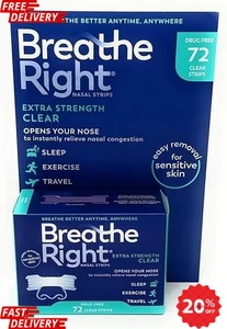Tiras nasales transparentes Breathe Right Extra Strength-72Ct SensitiveSkin EXP 10/2029 - Imagen 1 de 5
