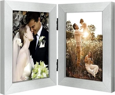 5x7 Double Picture Frame Vertical Hinged Photo Frame 2 Opening Folding Family Fr - Image 1 of 4