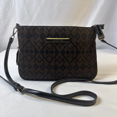 Valentino 90s Tapestry Cloth Black Brown Handbag Purse Pouch Removable Strap - Image 1 of 4