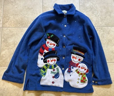 The Quaker Factory Fleece Jacket Women Medium Blue Snowman Long Sleeve Button Up - Image 1 of 4