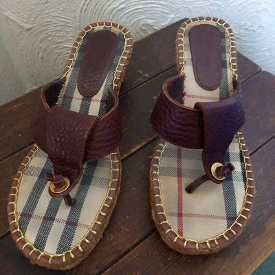 Burberry Nova EU 37 UK4 Check Brown Leather Toe Post Slip On Wedge Mules Sandals - Image 1 of 4
