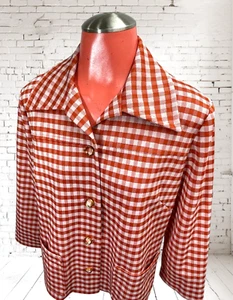 VTG MCM 70s Burnt Orange check double-knit leisure top Disco collar pockets M/L - Picture 1 of 5