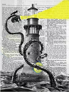 Art N Wordz Lighthouse Kraken Octopus Original Dictionary Sheet Pop Art Print - Picture 1 of 1