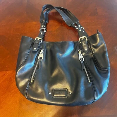 Nine West Black Faux Leather Tote Bag Dual Handles Leopard Print Lining handbag - Image 1 of 4