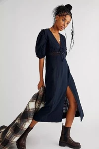Free People Slow Pace Midi Dress Black Puff Sleeve Vintage Look - Size XS BNWOT - Picture 1 of 13