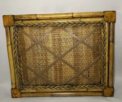 Vintage French Memo Bulletin Board Natural Bamboo & Wicker w/Leather Straps - Image 1 of 4